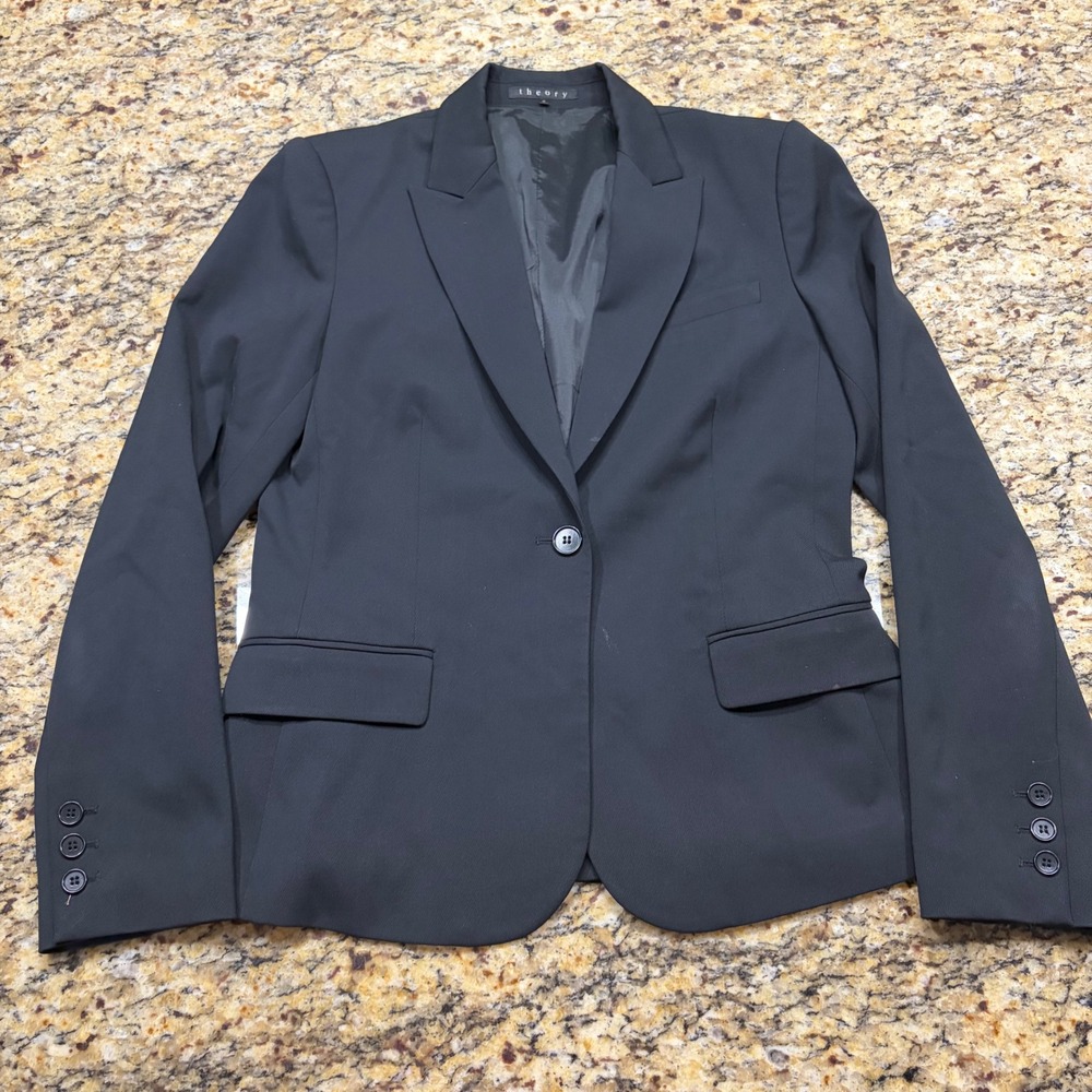 Theory Womens Black Virgin Wool Blend Single Button Blazer Jacket Size 8 USA ws